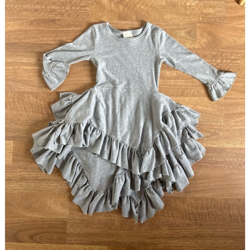 LEMON LOVES LIME Gray ruffle twirl girls dress